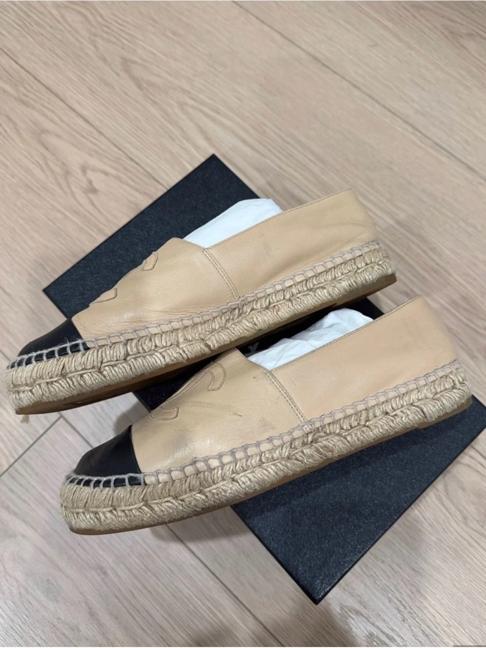 CHANEL Beige Leather Espadrilles with Black Cap Toe